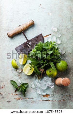 Ingredients for making mojitos Ice cubes, mint leaves and lime on blue background