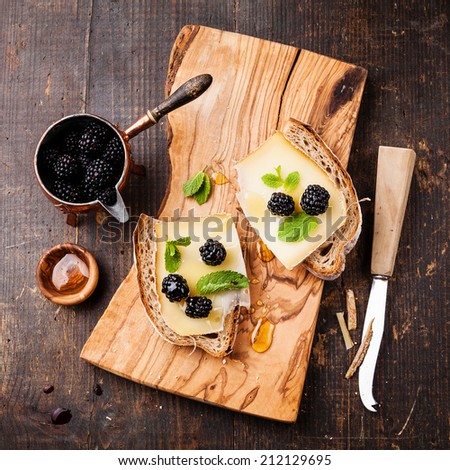 Italian bruschetta sandwich with cheese and blackberry on fresh bread on dark wooden background