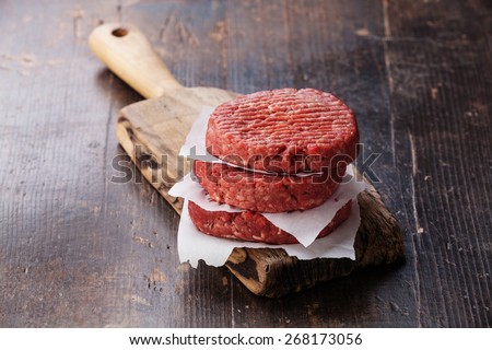 Raw Ground beef meat Burger steak cutlets on dark wooden background