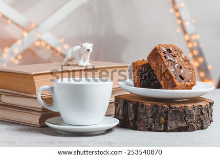 objects on sackcloth bank and cookies with nuts and chocolate cake