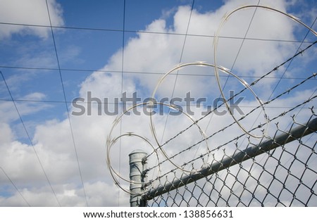 Razor wire on top of a chain link fence with a blue sky and fluffy white clouds in the background.