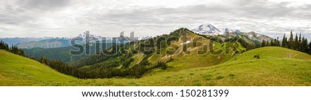 Mt. Baker, Washington. This panorama includes Mt. Shuksan and the Cascade range form the Skyline Divide trail.