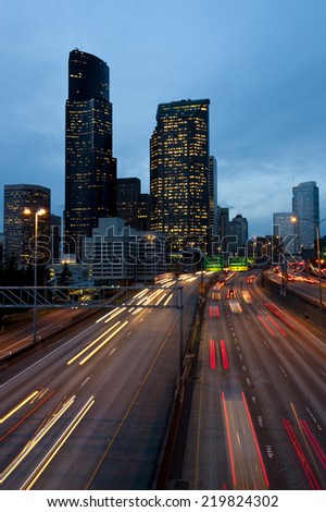 Seattle at Night. Downtown Seattle, Washington over Interstate 5 during the commute hours.