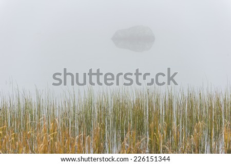 Cutthroat Lake in the fog. A small lake in the North Cascade Mountain range is surrounded by fog on this autumn day in October giving it a spooky feel. A rock sits just offshore behind the reeds.