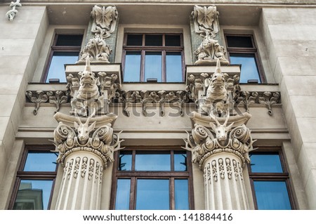 Facade of an old apartment building with stucco work in the Art New style. Kiev