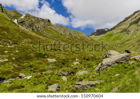 Mountain slope covered with grass and strewn with rocks in the Southern Alps. Lombardy. Italy on a clear sunny day