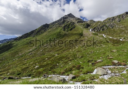 View of the Alps with rocks and vegetation in the summer in northern Italy, Lombardy, the region of Brescia Adamello peak on a clear day
