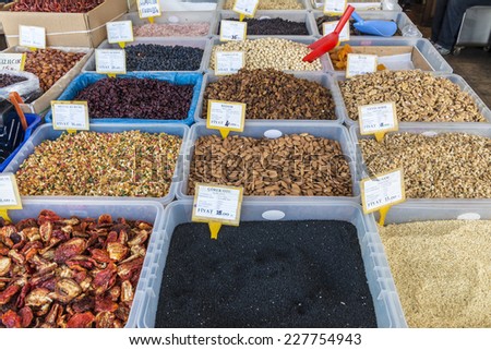 Spices and dried on trays Turkish Oriental Market in Istanbul