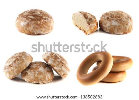 Honey-cake and bagels collection isolated on white background (set).