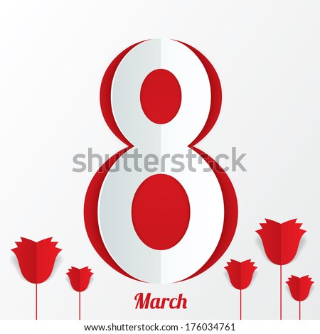 March 8 Women's Day card with roses on white background. Cut from paper. Vector illustration - stock vector