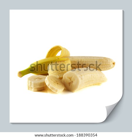 Two opened bananas with slices isolated on white background (ripe). Healthy fresh fruit with vitamins.
