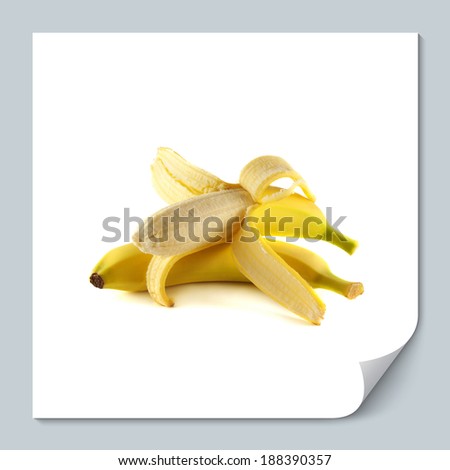 Two bananas isolated on white background (ripe, opened). Healthy fresh fruit with vitamins.