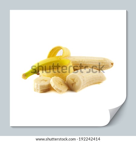 Opened banana with slices (half) isolated on white background (ripe). Healthy fresh fruit with vitamins.