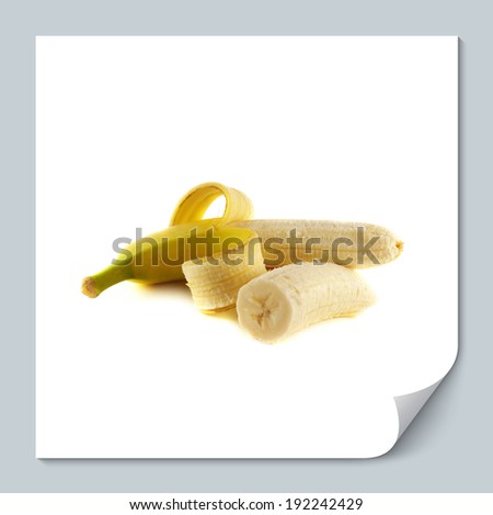 Opened banana with sliced half isolated on white background (ripe). Healthy fresh fruit with vitamins.