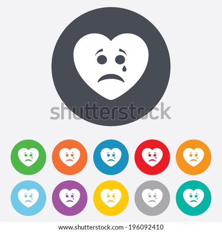Sad heart face with tear sign icon. Crying chat symbol. Round colourful 11 buttons. Vector