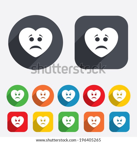Sad heart face sign icon. Sadness depression chat symbol. Circles and rounded squares 12 buttons. Vector