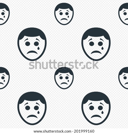 Sad face with tear sign icon. Crying chat symbol. Seamless grid lines texture. Cells repeating pattern. White texture background. Vector