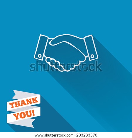 Handshake sign icon. Successful business symbol. White flat icon with long shadow. Paper ribbon label with Thank you text. Vector