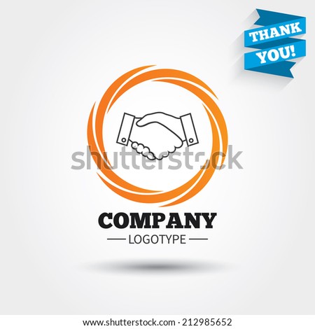 Handshake sign icon. Successful business symbol. Business abstract circle logo. Logotype with Thank you ribbon. Vector