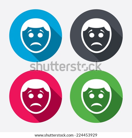 Sad face sign icon. Sadness depression chat symbol. Circle buttons with long shadow. 4 icons set. Vector