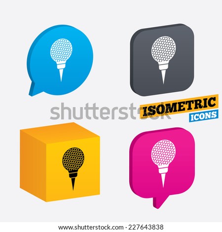 Golf ball on tee sign icon. Sport symbol. Isometric speech bubbles and cube. Rotated icons with edges. Vector