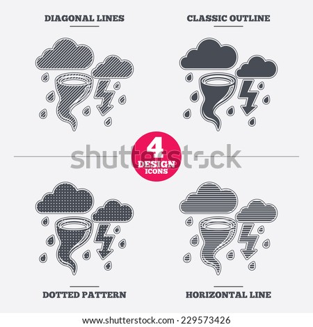 Storm bad weather sign icon. Clouds with thunderstorm. Gale hurricane symbol. Destruction and disaster from wind. Diagonal and horizontal line, classic outline, dotted texture. Pattern design.  Vector