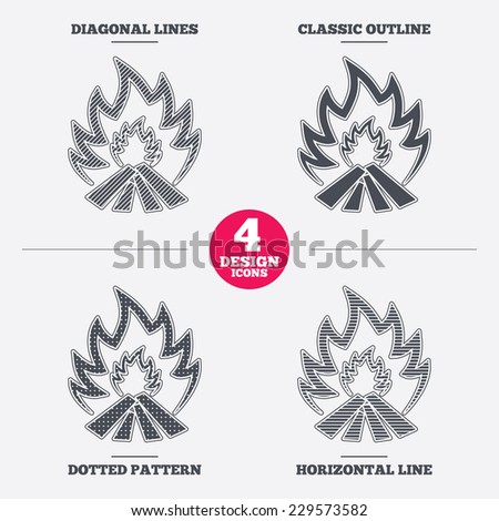 Fire flame sign icon. Heat symbol. Stop fire. Escape from fire. Diagonal and horizontal lines, classic outline, dotted texture. Pattern design icons.  Vector