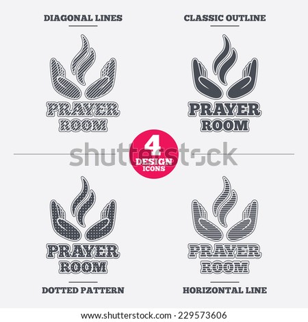 Prayer room sign icon. Religion priest faith symbol. Pray with hands. Diagonal and horizontal lines, classic outline, dotted texture. Pattern design icons.  Vector