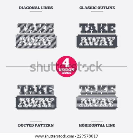 Take away sign icon. Takeaway food or coffee drink symbol. Diagonal and horizontal lines, classic outline, dotted texture. Pattern design icons.  Vector