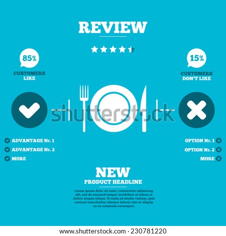 Review with five stars rating. Food sign icon. Cutlery symbol. Knife and fork, dish. Customers like or not. Infographic elements. Vector