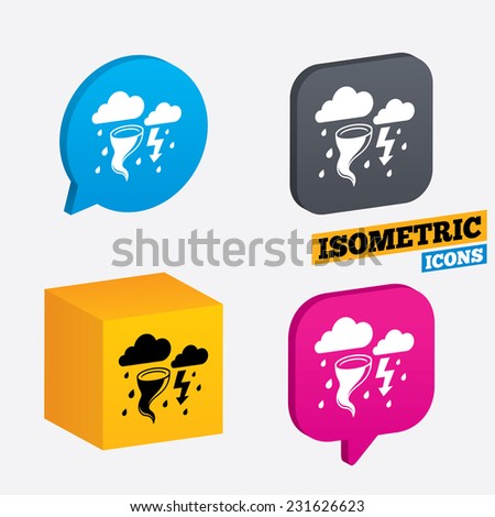 Storm bad weather sign icon. Clouds with thunderstorm. Gale hurricane symbol. Destruction and disaster from wind. Insurance symbol. Isometric speech bubbles and cube. Rotated icons with edges. Vector