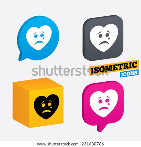 Sad heart face with tear sign icon. Crying chat symbol. Isometric speech bubbles and cube. Rotated icons with edges. Vector