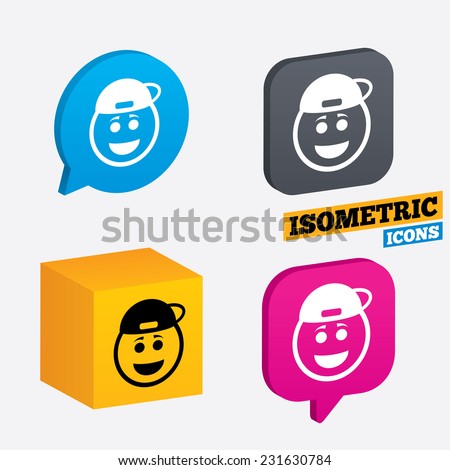 Smile rapper face sign icon. Happy smiley with hairstyle chat symbol. Isometric speech bubbles and cube. Rotated icons with edges. Vector