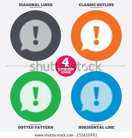 Diagonal and horizontal lines, classic outline, dotted texture. Exclamation mark sign icon. Attention speech bubble symbol. Pattern circles. Vector