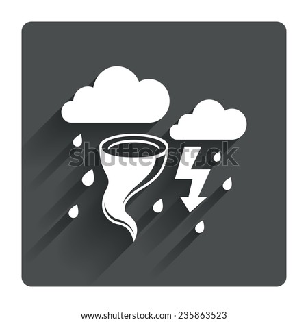 Storm bad weather sign icon. Clouds with thunderstorm. Gale hurricane symbol. Destruction and disaster from wind. Insurance symbol. Gray flat square button with shadow. Vector
