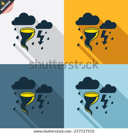 Storm bad weather sign icon. Clouds with thunderstorm. Gale hurricane symbol. Destruction and disaster from wind. Insurance symbol. Four squares. Colored Flat design buttons. Vector