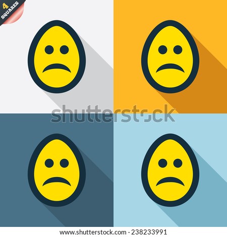 Sad Easter egg face sign icon. Sadness depression chat symbol. Four squares. Colored Flat design buttons. Vector