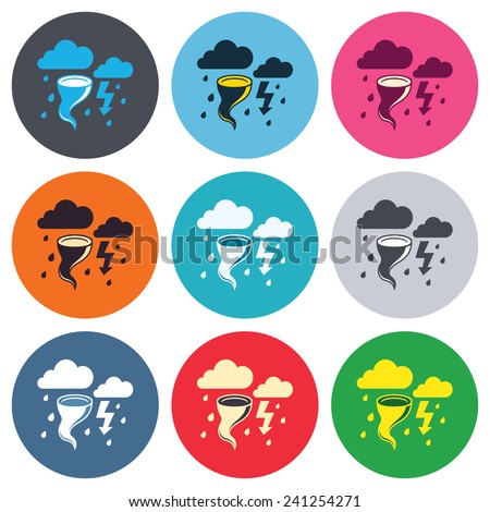 Storm bad weather sign icon. Clouds with thunderstorm. Gale hurricane symbol. Destruction and disaster from wind. Colored round buttons. Flat design circle icons set. Vector