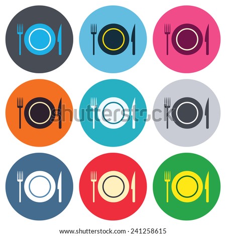 Food sign icon. Cutlery symbol. Knife and fork, dish. Colored round buttons. Flat design circle icons set. Vector