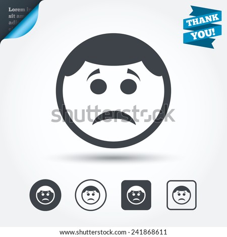 Sad face sign icon. Sadness depression chat symbol. Circle and square buttons. Flat design set. Thank you ribbon. Vector