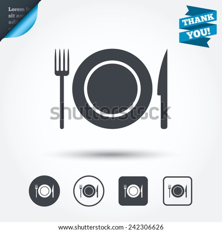 Food sign icon. Cutlery symbol. Knife and fork, dish. Circle and square buttons. Flat design set. Thank you ribbon. Vector