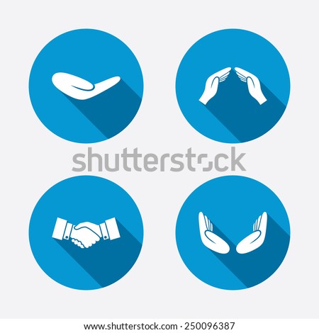 Hand icons. Handshake successful business symbol. Insurance protection sign. Human helping donation hand. Prayer meditation hands. Circle concept web buttons. Vector