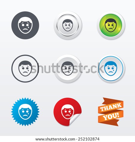 Sad face with tear sign icon. Crying chat symbol. Circle concept buttons. Metal edging. Star and label sticker. Vector