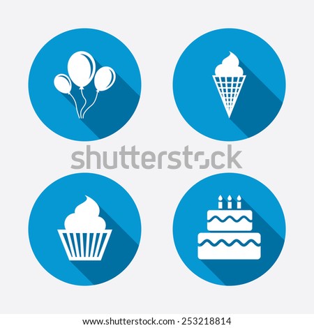 Birthday party icons. Cake with ice cream signs. Air balloons with rope symbol. Circle concept web buttons. Vector