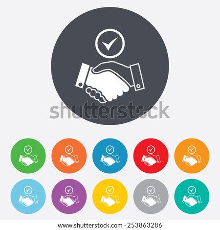 Tick handshake sign icon. Successful business with check mark symbol. Round colourful 11 buttons. Vector