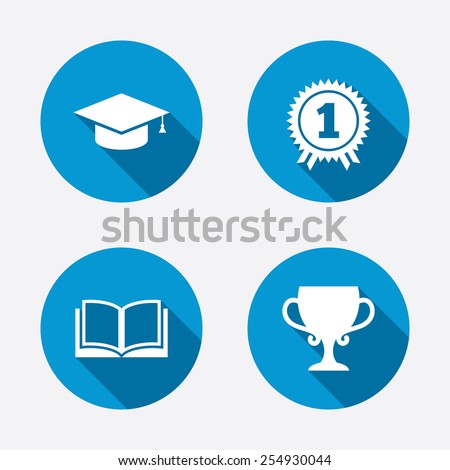 Graduation icons. Graduation student cap sign. Education book symbol. First place award. Winners cup. Circle concept web buttons. Vector