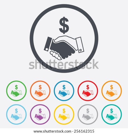 Dollar handshake sign icon. Successful business with USD currency symbol. Round circle buttons with frame. Vector
