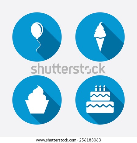 Birthday party icons. Cake with ice cream signs. Air balloon with rope symbol. Circle concept web buttons. Vector
