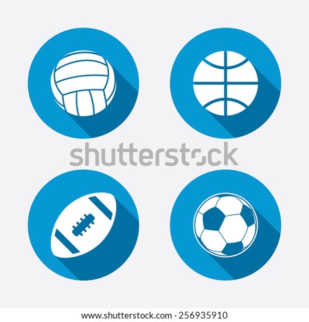 Sport balls icons. Volleyball, Basketball, Soccer and American football signs. Team sport games. Circle concept web buttons. Vector
