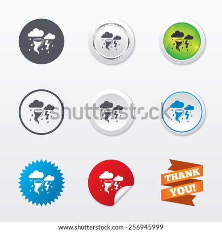 Storm bad weather sign icon. Clouds with thunderstorm. Gale hurricane symbol. Destruction and disaster from wind. Insurance symbol. Circle concept buttons. Metal edging. Star and label sticker. Vector